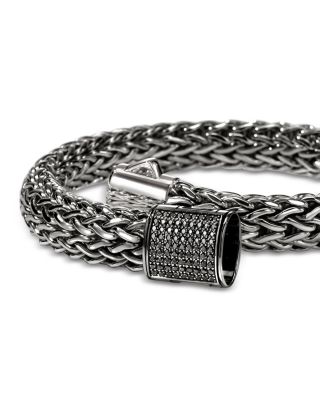 Dark Silver Icon Black Sapphire Pav&eacute; Clasp Woven Link Bracelet, 10.5mm