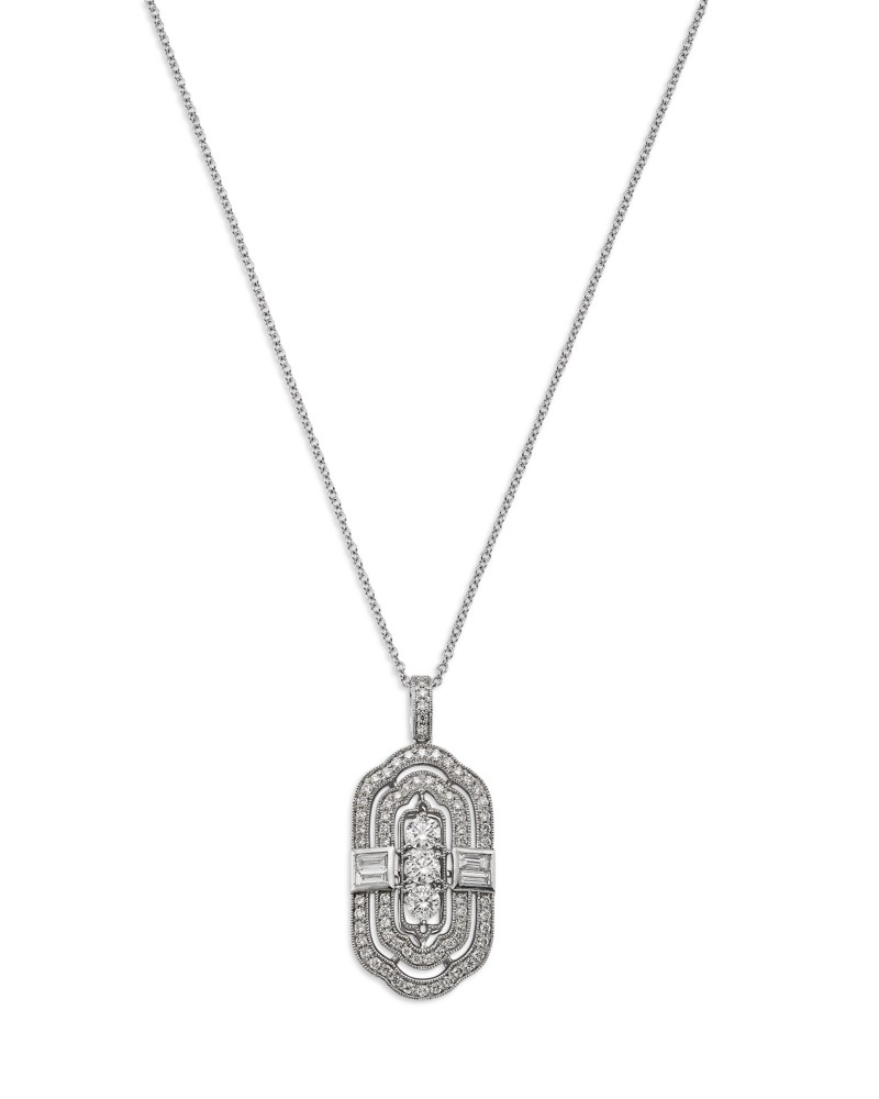 Bloomingdale's Fine Collection Diamond Round & Baguette Art Deco Pendant Necklace in 14K White Gold, 1.17 tcw