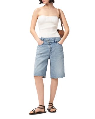 Aki Mid Rise Crossover Jean Shorts in Destroy Light Blue