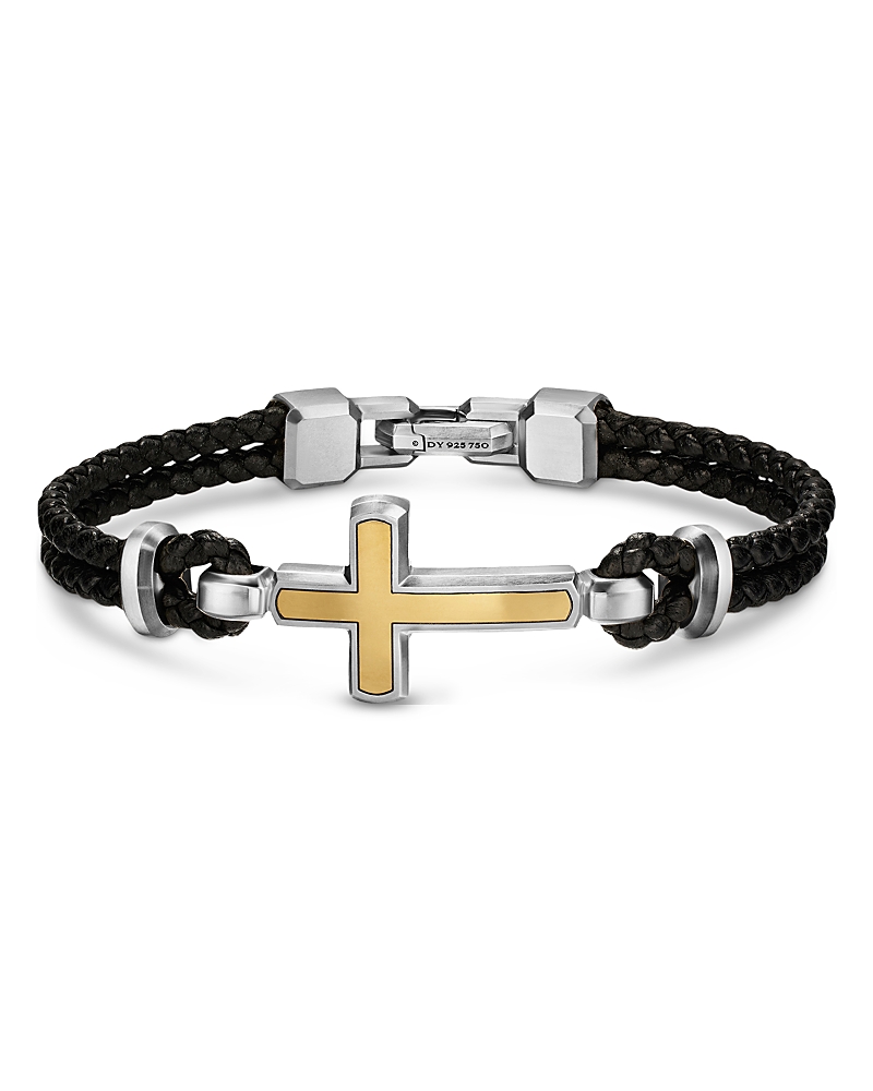 David Yurman Streamline Cross Station Bracelet in Black Leather with Sterling Silver and 14K Yellow Gold, 17mm