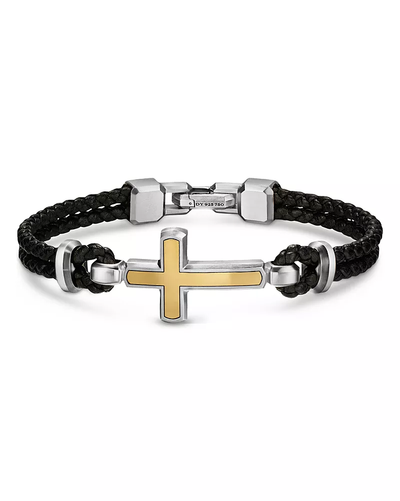 David Yurman Streamline Cross Station Bracelet in Black Leather with Sterling Silver and 14K Yellow Gold, 17mm
