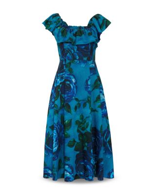 Brianne Blue Floral Ruffle Midi Dress
