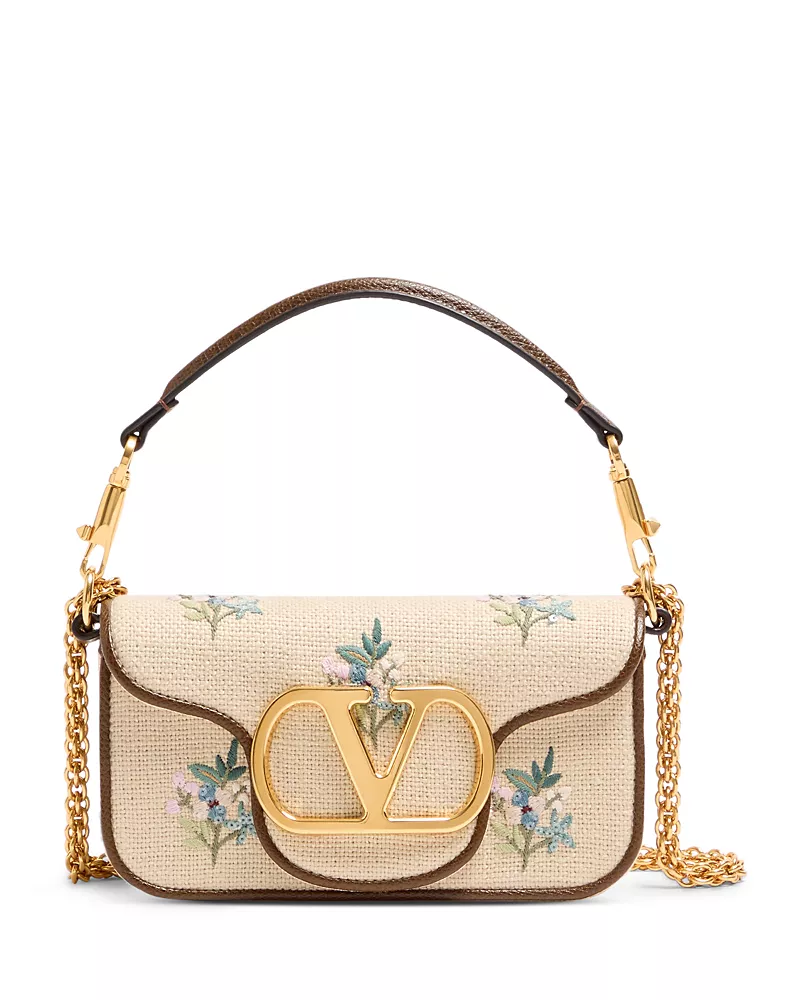 Valentino Garavani Loco VLogo Small Embroidered Linen Shoulder Bag
