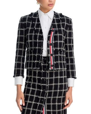 Windowpane Houndstooth Tweed V Neck Cardigan Jacket