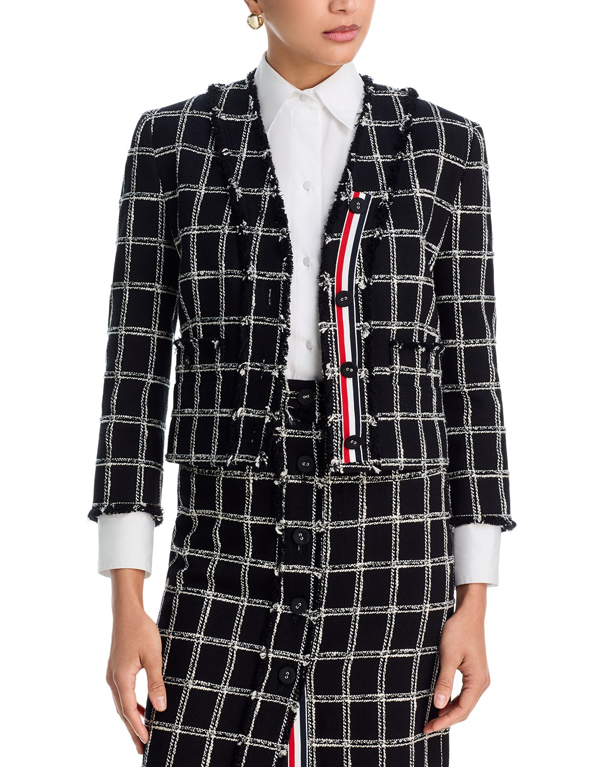 Thom Browne Windowpane Houndstooth Tweed V Neck Cardigan Jacket in Black