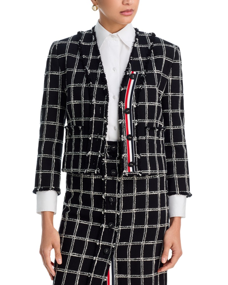 Thom Browne Windowpane Houndstooth Tweed V Neck Cardigan Jacket in Black