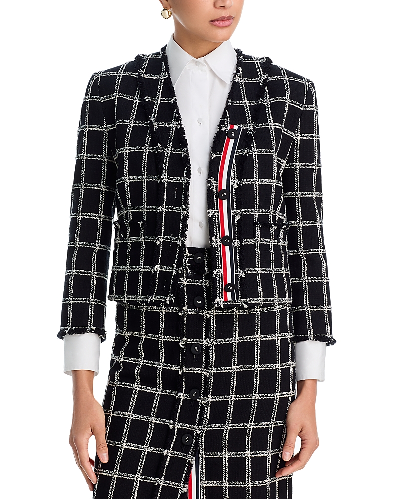 Thom Browne Windowpane Houndstooth Tweed V Neck Cardigan Jacket