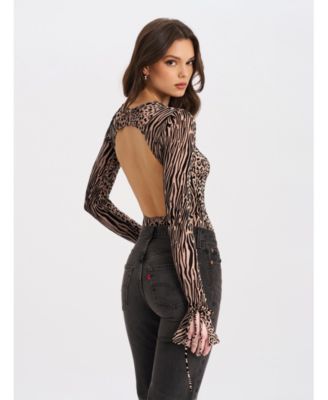  Ibera Animal Print Burnout Velvet Long Sleeve Bodysuit
