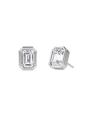  Bezel Solitaire Stud Earrings in 14K White Gold, 1.5ctw Emerald Lab Grown Diamond