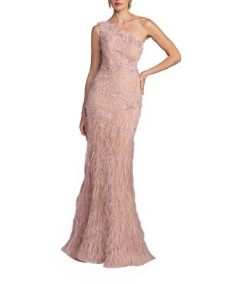  Embellished Lace One Shoulder Feather Gown