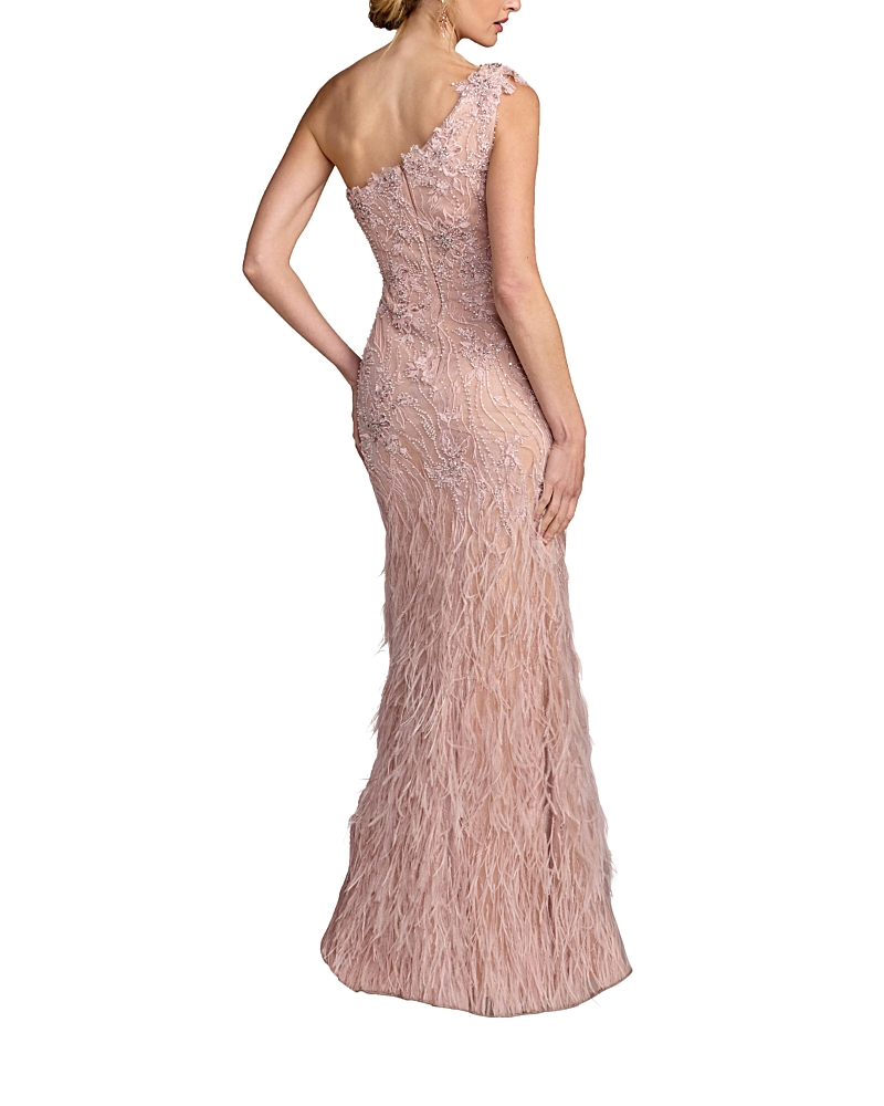 Mac Duggal Embellished Lace One Shoulder Feather Gown