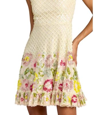  Beaded Mesh Sleeveless V Neck Ruffle Mini Dress