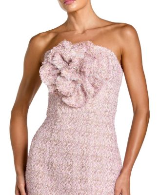 Boucle Strapless Midi Dress With 3D Flower