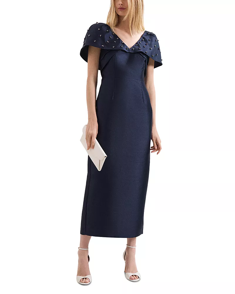 Phase Eight Erina Navy Satin Twill Midi Dress