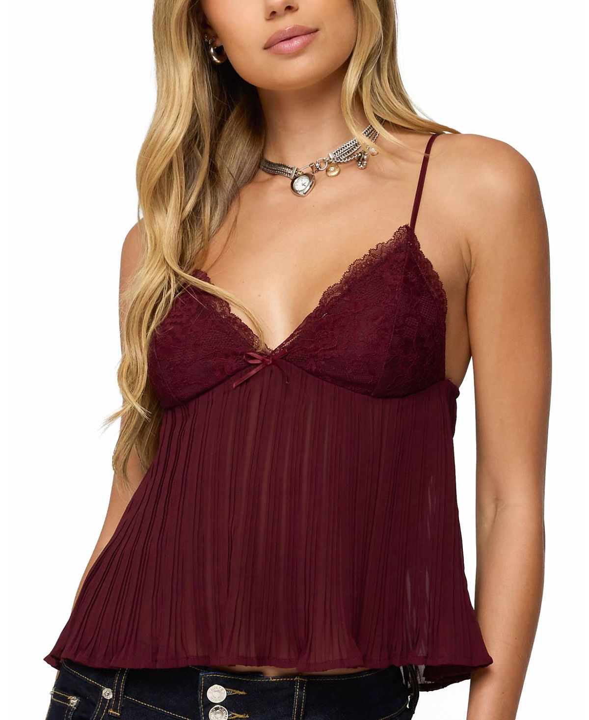 Edikted Rhian Lacey Pleated Babydoll Top