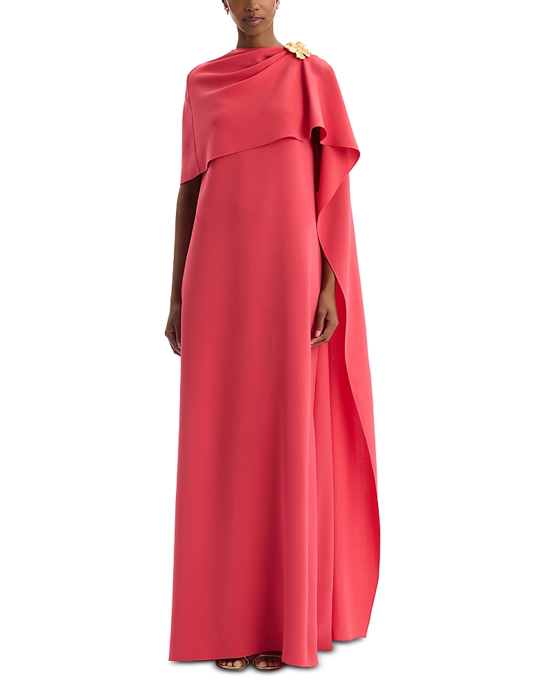 Oscar de la Renta Draped Shoulder Brooch Detail Georgette Caftan Dress