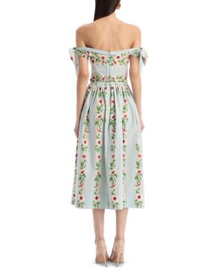 Off Shoulder Hibiscus Stripes Poplin Day Dress