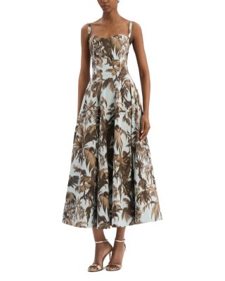 Oscar De La Renta Sleeveless Large Chine Palm Leaves Poplin Day Dress In Brown