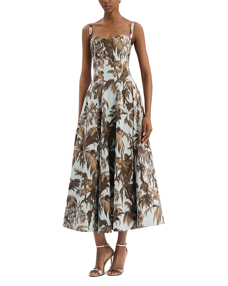 Oscar De La Renta Sleeveless Large Chine Palm Leaves Poplin Day Dress In Brown
