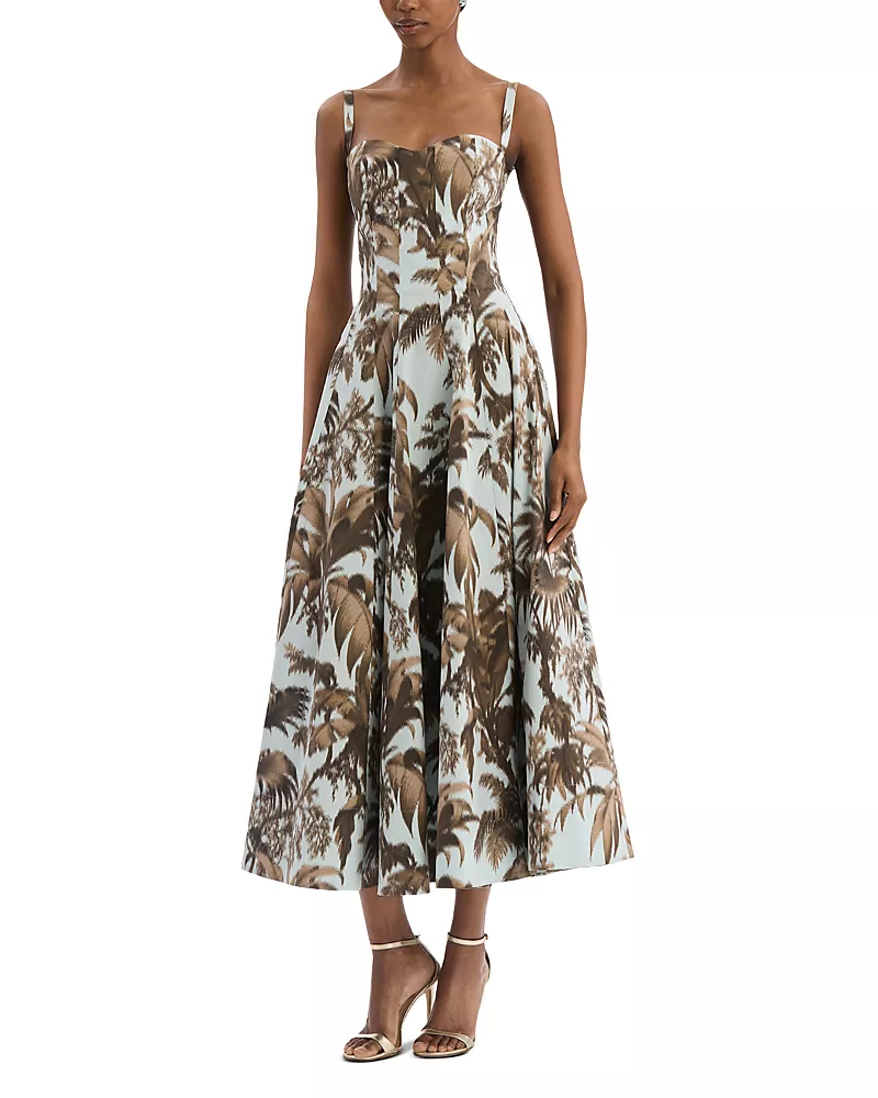 Oscar de la Renta Sleeveless Large Chine Palm Leaves Poplin Day Dress