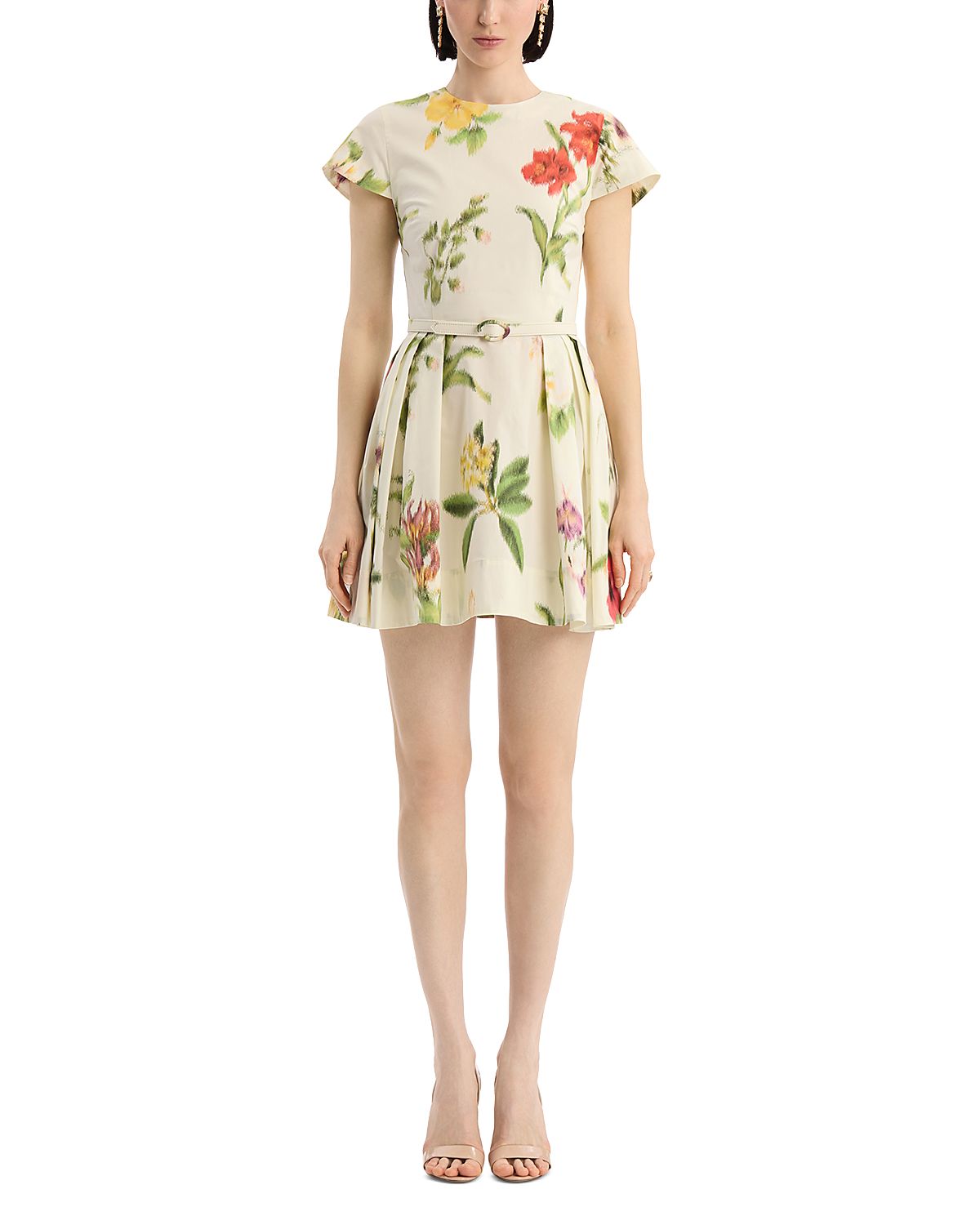 Oscar de la Renta Short Sleeve Chine Floral Poplin Day Dress