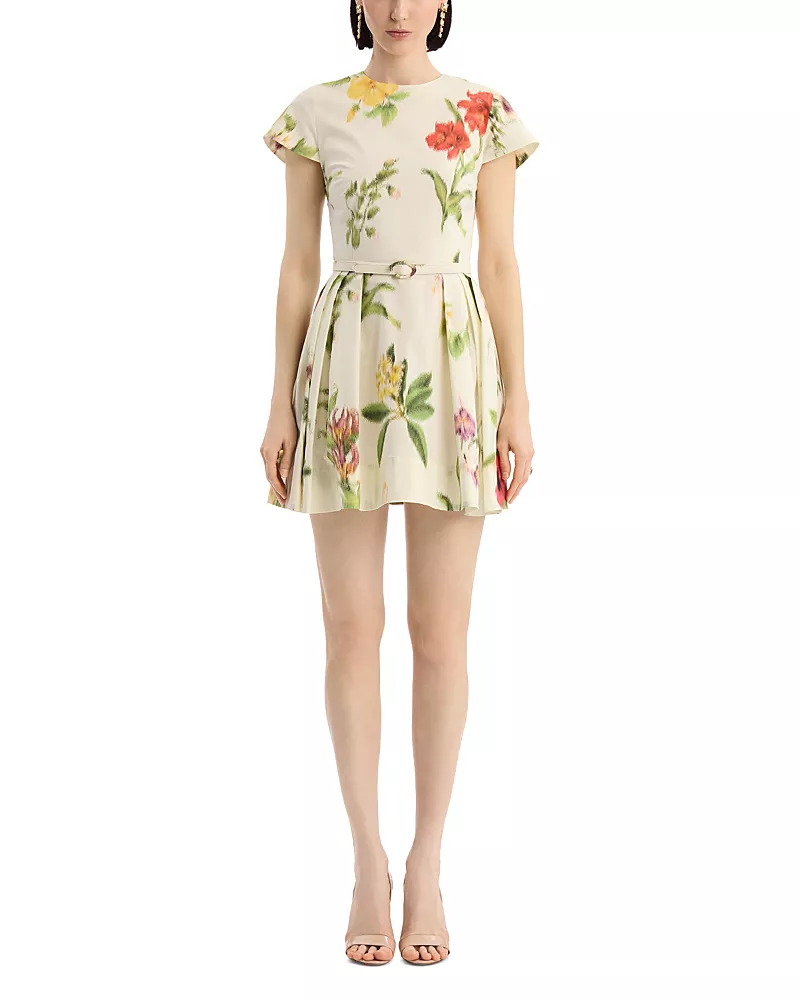 Oscar de la Renta Short Sleeve Chine Floral Poplin Day Dress