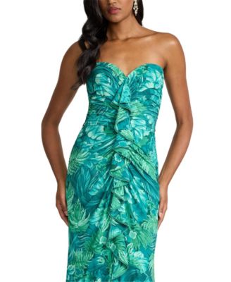  Cleta Foliage Print Cascading Ruffle Gown