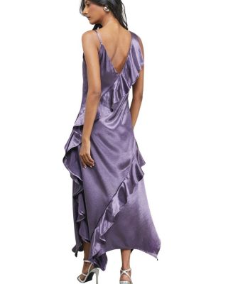 Metallic Satin Ruffle Midi Slip Dress
