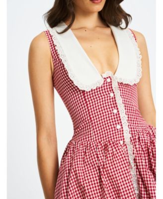  Nala Gingham Eyelet Lace Trim Peterpan Collar Mini Dress