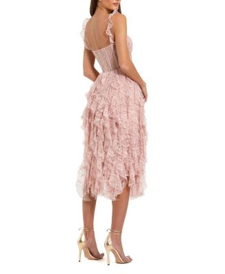  Lace Bustier Midi Dress with Spiral Ruffles