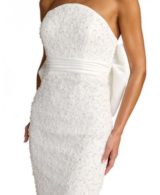 Beaded Lace Strapless Bow Detail Fitted Midi Dress