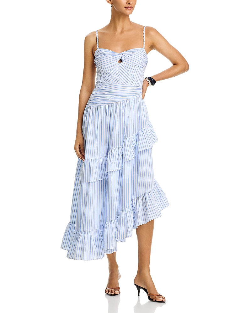 Aqua Stripe Ruffle Asymmetrical Midi Dress - Exclusive