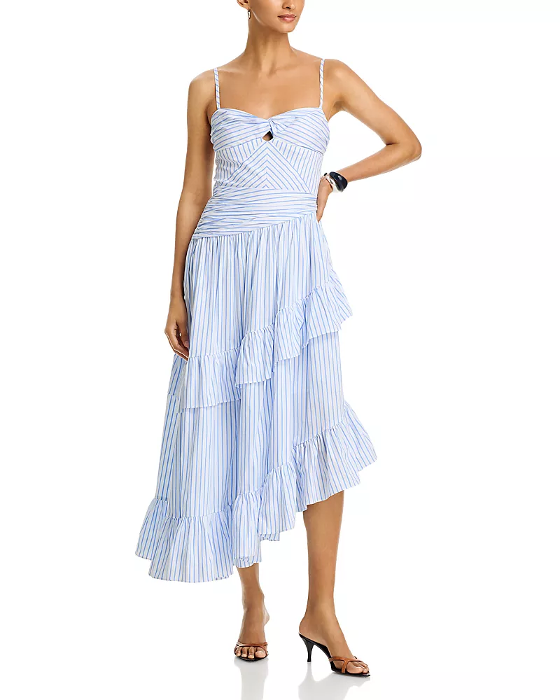 Aqua Stripe Ruffle Asymmetrical Midi Dress - Exclusive
