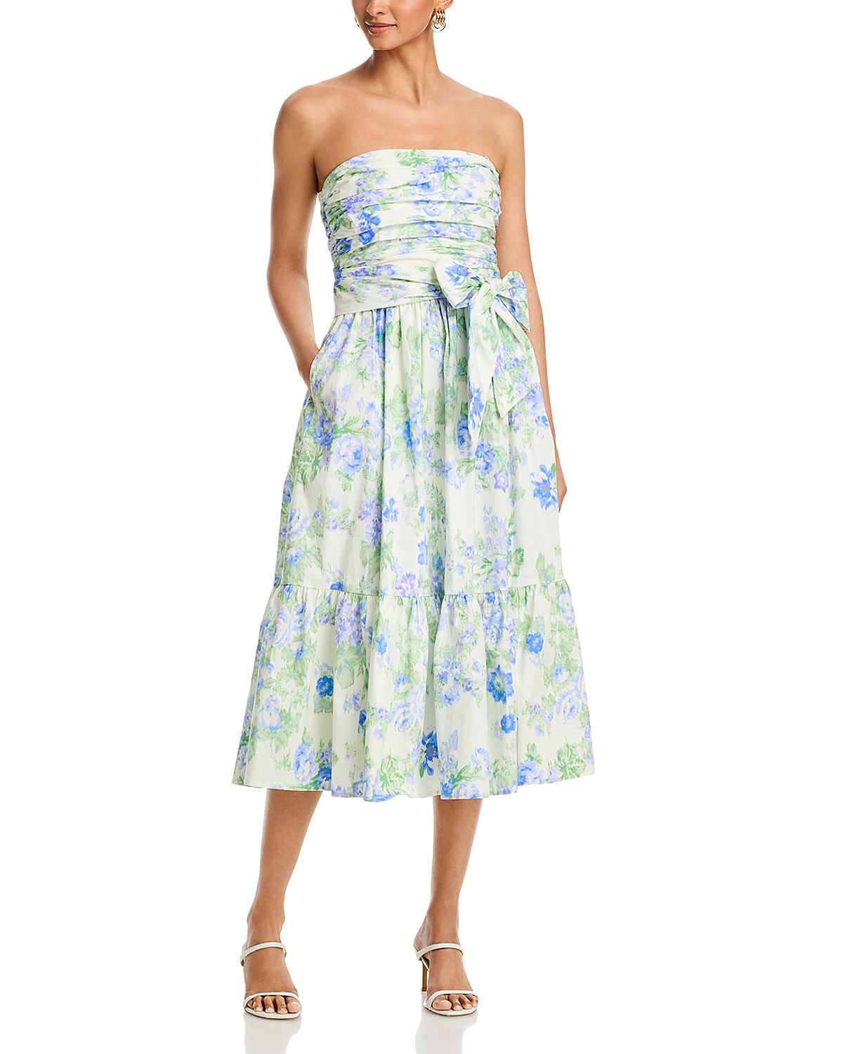 Aqua Blurred Floral Gathered Midi Dress - Exclusive