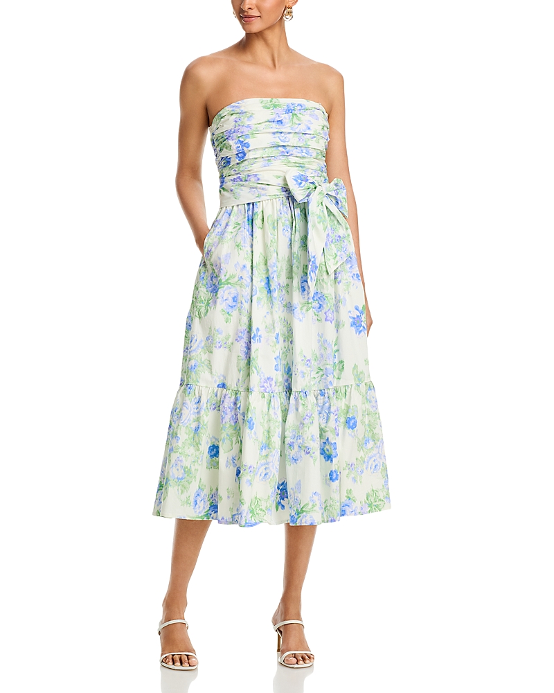Aqua Blurred Floral Gathered Midi Dress - Exclusive