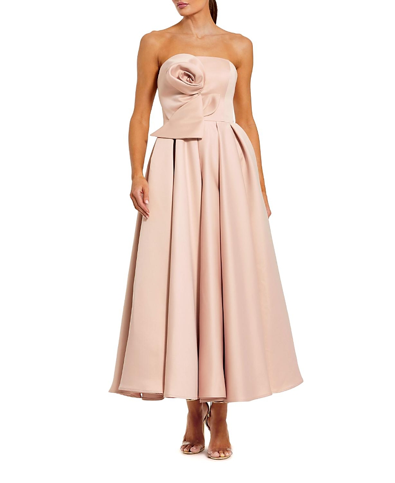 Mac Duggal Strapless Satin A Line Midi Dress with 3D Flower