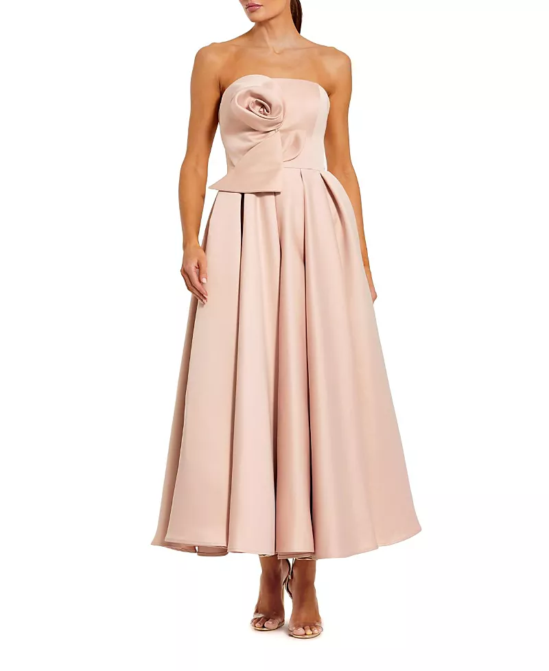 Mac Duggal Strapless Satin A Line Midi Dress with 3D Flower