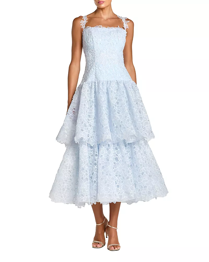 Mac Duggal Sleeveless Embroidered Lace Tiered Midi Dress
