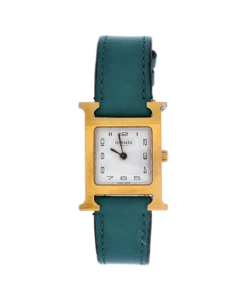 Pre-Owned HERMES Heure H Quartz Watch in Plated Metal and Leather 21mm