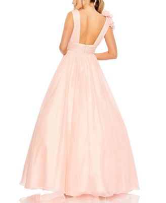  Ruffle Shoulder V-Neck Chiffon Gown