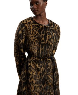 Faux Fur Collarless Tie Belted Midi Coat