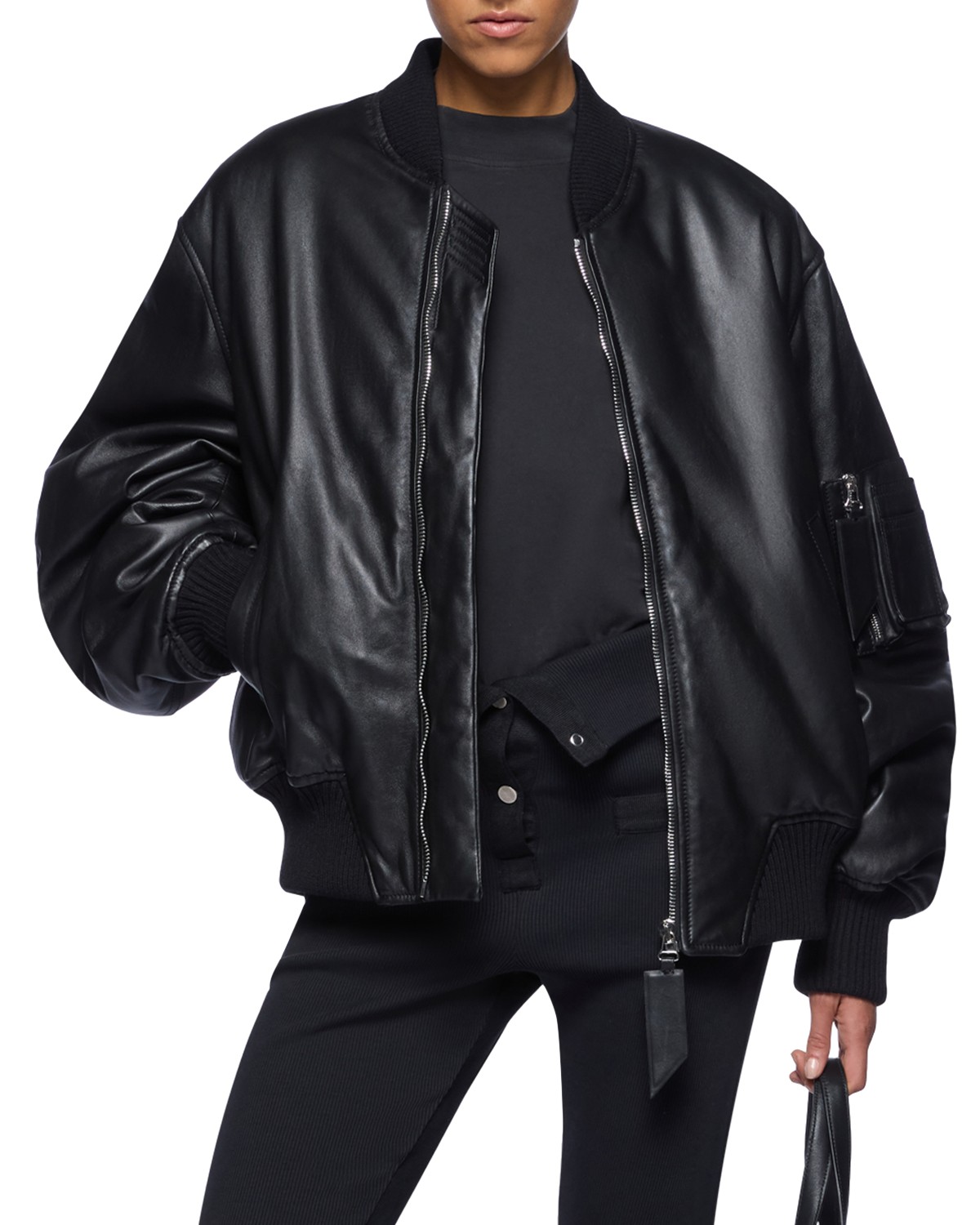 The Attico Leather Bomber Jacket in Black