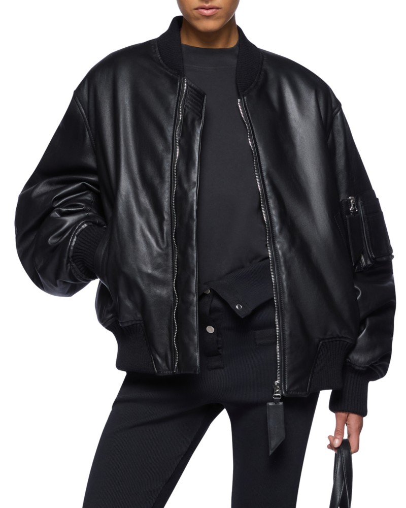 The Attico Leather Bomber Jacket in Black