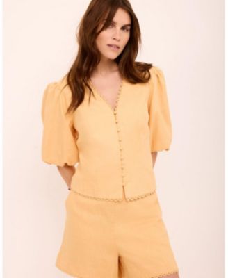  Women's Linen Puff Sleeve Top