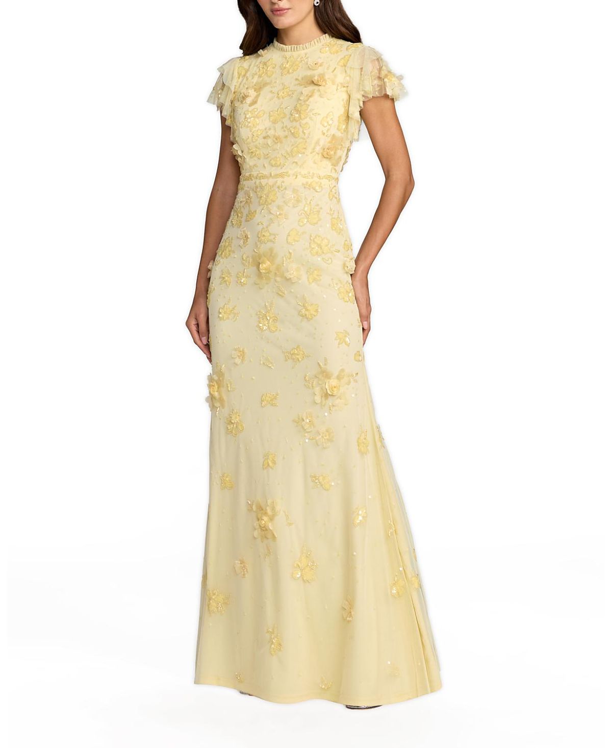 Mac Duggal Floral Embellished High Neck Flutter Sleeve Gown