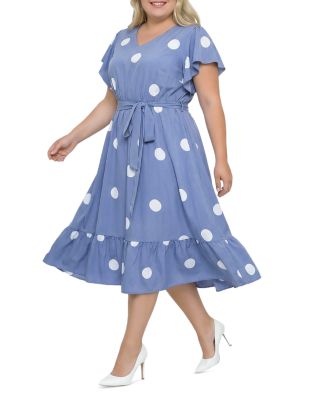 Standards & Practices Plus Polka Dot Belted Flutter Sleeve Dress - Blue