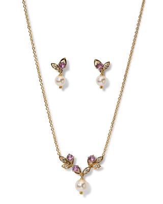 Adorn Pink Pearl Vine Lariat Necklace & Drop Earrings Set
