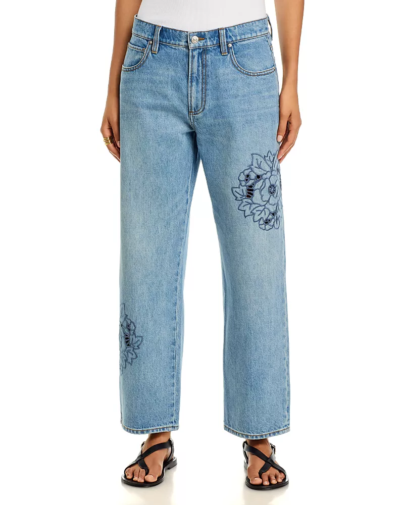 Paige Rylann High Rise Ankle Straight Jeans in Sail On Embroidered