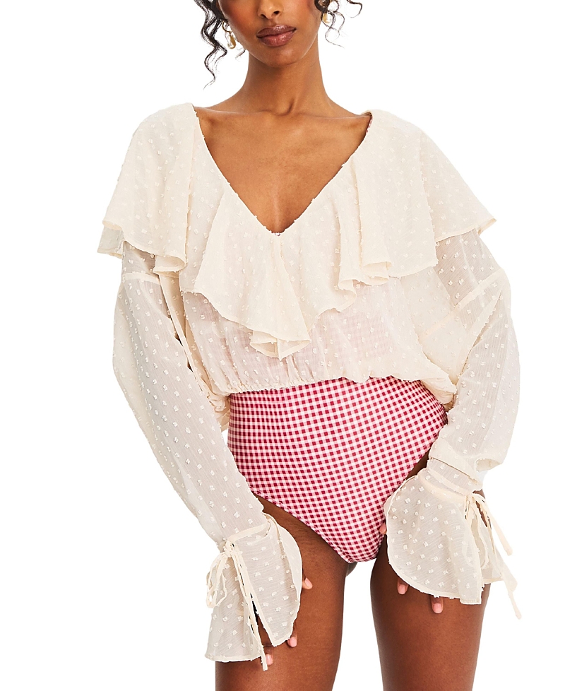 Miss Circle Magali Dotted Mesh Ruffle V Collar Top