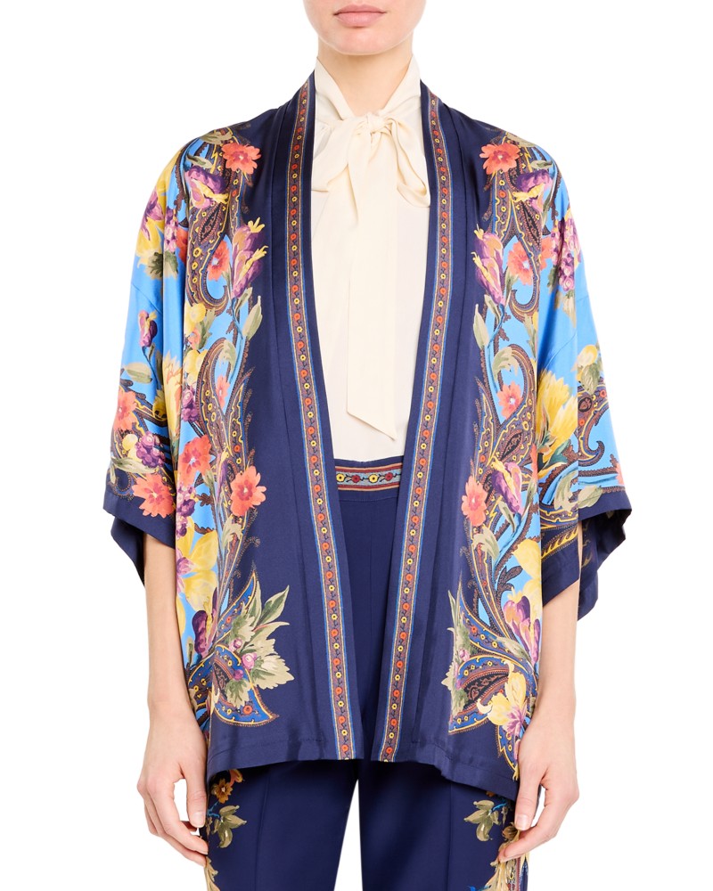 Etro Kesa Floral Open Front Jacket in Printed Blue